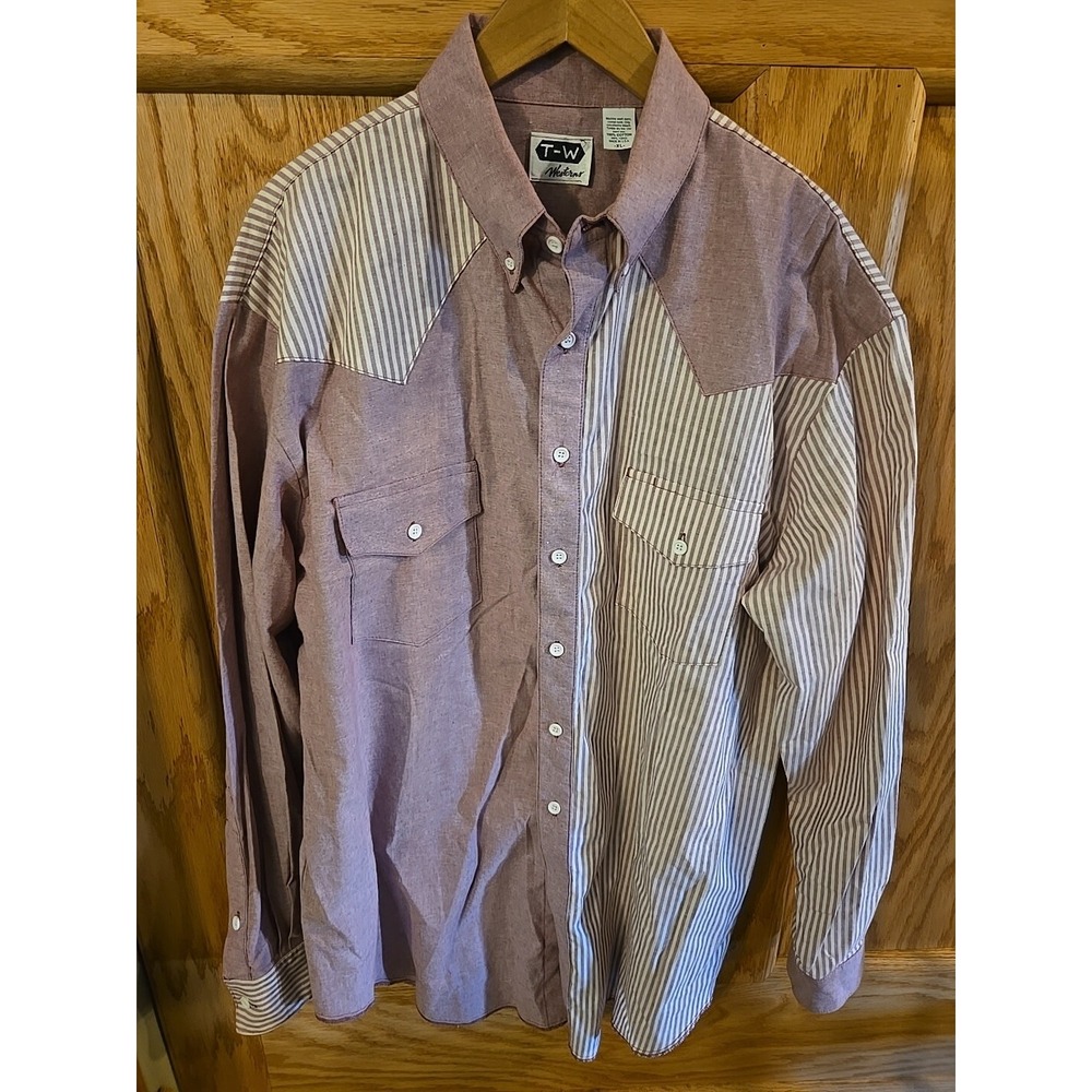 Vintage 80s T-W Westerns Brushpopper Button Up Shirt XL Rodeo Cowboy Stripe Mauv